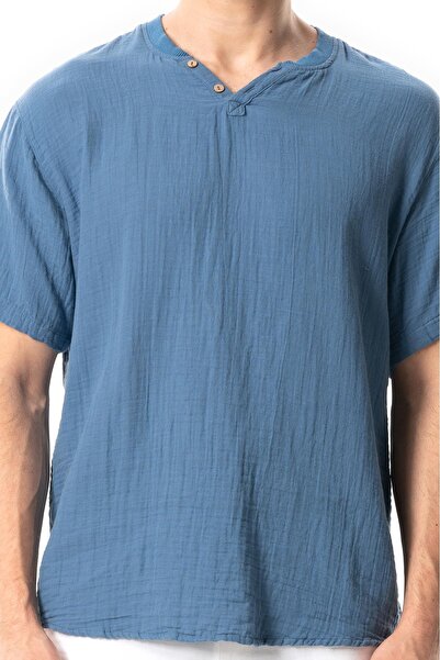 Eliş Şile Bezi Ανδρικό μπλουζάκι με κοντό μανίκι, καλοκαιρινό μουσελίνα, ριμπάνι, Indigo indg