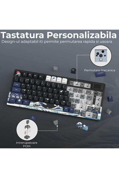 Timebox Tastatură mecanică de gaming, ecran LCD 75%, neagră, wireless, hot swap, 82 de taste