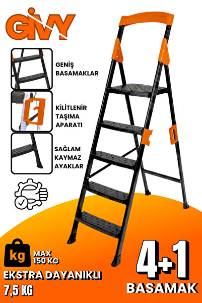 GİVY Primo 4+1 Basamaklı Katlanır Merdiven | Ev Tipi Kaymaz Plastik Geniş Bas...
