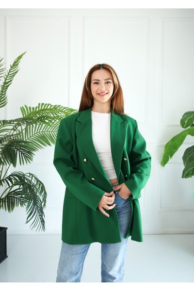 PARKDERİN Plus Size Long, Gold Buttons, Emerald Green Color, Blazer Jacket