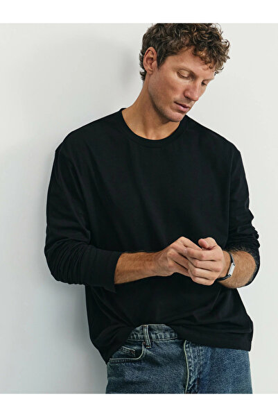 ELNOYA Unisex Siyah Oversize Günlük Basic Bisiklet Yaka Rahat Sweatshirt Elbise