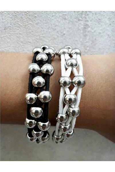 Kutcha Accessories Handmade Suede String Silver Beaded Bracelet – Black & Whi...