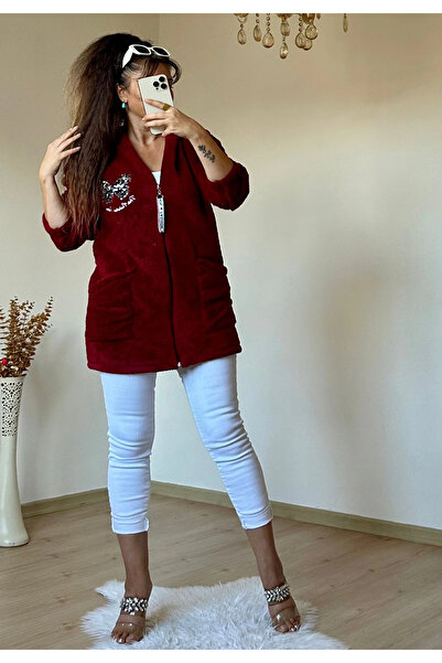 AZRA BUTİK Pullu Kelebek Pelus Mont Bordo