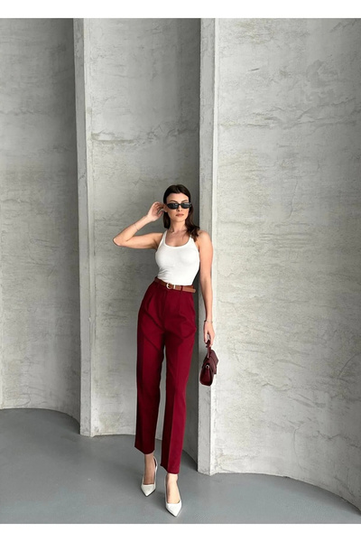 bysoca Kadın Bordo Yüksek Bel Pileli Straight Kemerli Bilek Boy Havuç Kesim Kumaş Pantolon