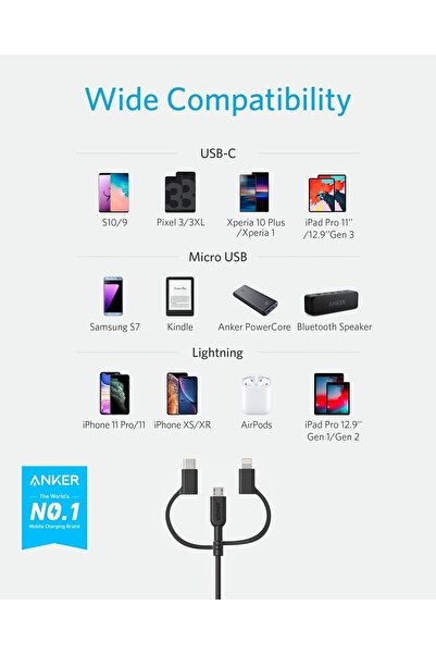Anker كابل PowerLine II 3 في 1 Lightning/USB-C/Micro USB