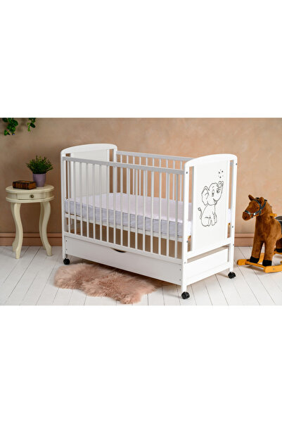 Qmini Patut din lemn bebe, 120x60 cm, Cu sertar, Din lemn de pin si mdf, Alb,...