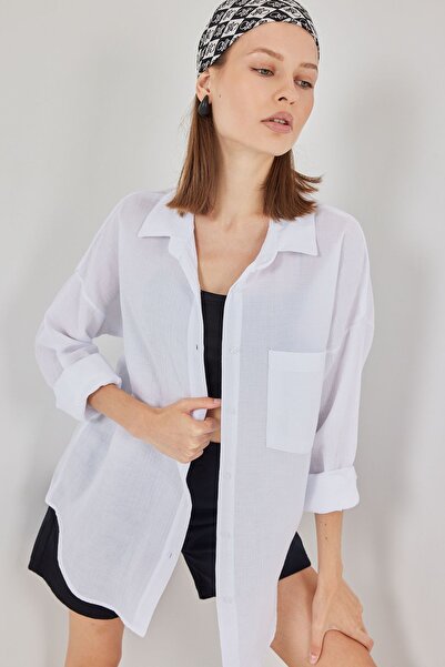 Hiccup Bdart Pocket Detailed Oversized Button Linen Blend Shirt