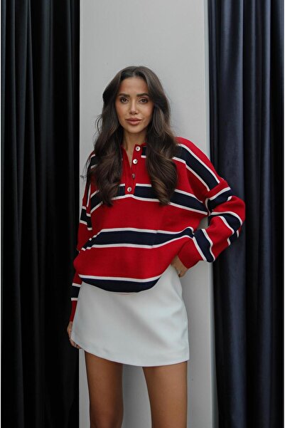 Havoş Kırmızı Krem Çizgili Polo Yaka Kazak