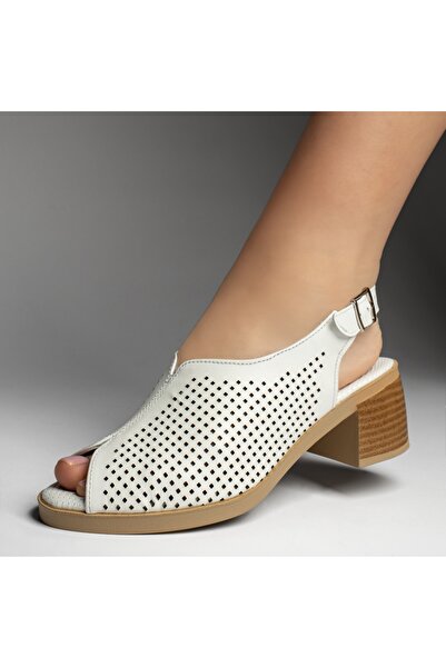 Modlet.ro Women's white perforated heeled sandals made of leather MOD13426