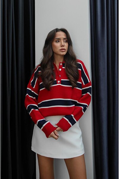 Havoş Kırmızı Krem Çizgili Polo Yaka Kazak