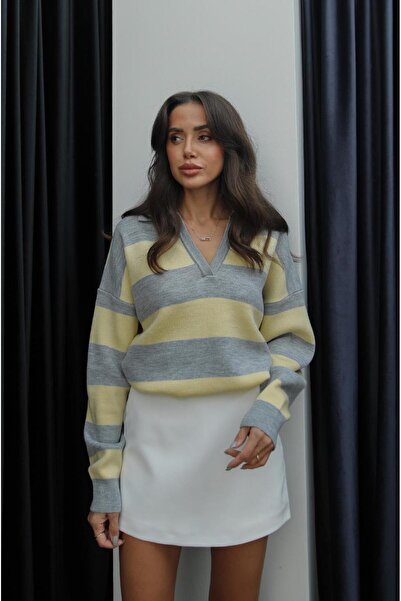 Havoş Γκρι κίτρινο ριγέ πουλόβερ με λαιμόκοψη σε σχήμα V