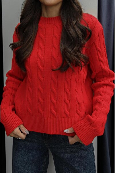 Havoş Kırmızı Saç Örgülü Triko Kazak