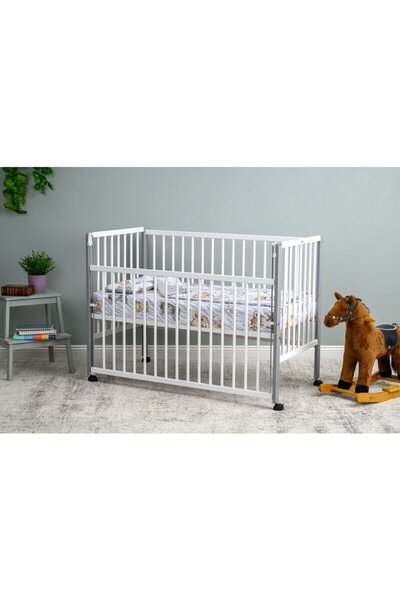Qmini Patut din lemn bebe, 120x60 cm, Cu laterala culisanta, Din lemn de pin,...