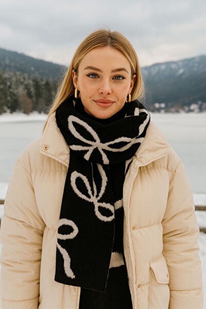 Axesoire 15340 Fiyonk Desenli Siyah Beyaz Çift Taraflı Triko Yün Yumuşak Doku...