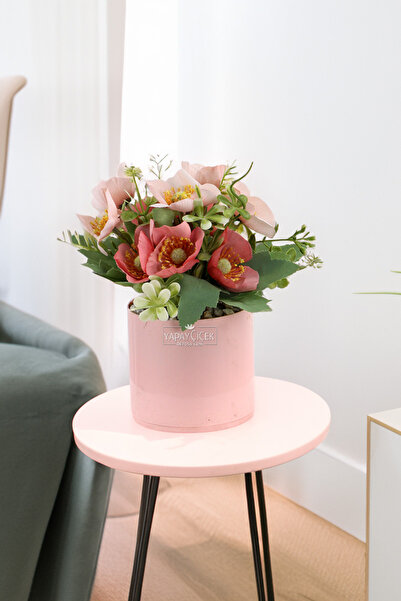 Yapay Çiçek Deposu Pembe Saksıda Yapay Cam Güzeli Çiçeği Pembe 20 cm