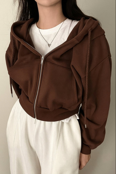 harmony factory Brown Crop Top Thick Fabric Zippered Hooded Sweatshirt