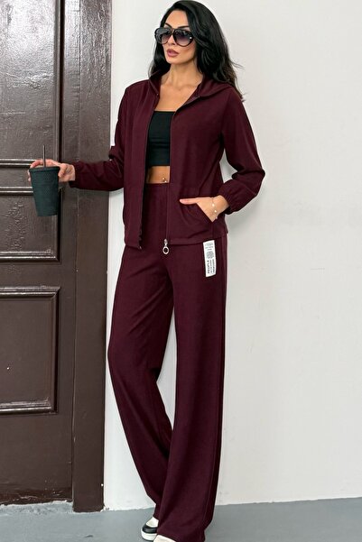 Ded COLLECTION Women's Zippered Hooded Thessaloniki Fabric Cardigan Tracksuit Set