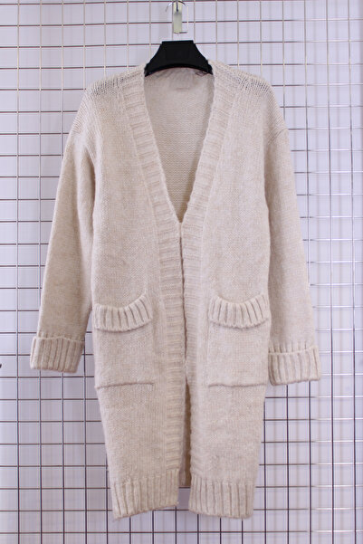 YXL COLLECTION Women's Plus Size Ecru Long Sleeve Pocketed Long Length Knit Cardigan