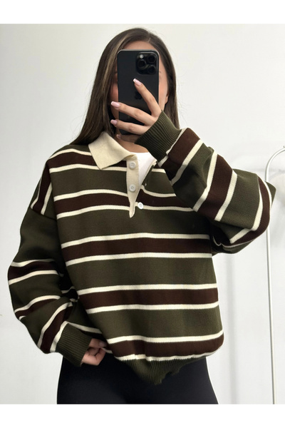 nona butik Vintage πουλόβερ με γιακά πόλο - Χακί