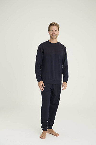 KLY Men's O-Neck Ribbed Pajama Set with Sleeves and Cuffs, Stylish Design, Thick Fabric