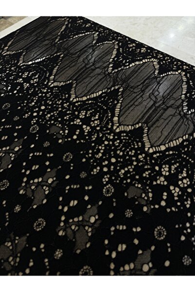METERİAL قماش دانتيل أسود بنقوش هندسية وزهور - عرض 135 سم يُباع كلوحة منتج