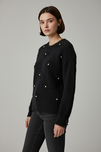 NEWCO Pulover din tricot O supradimensionat cu textura moale, decorat cu perle – decolteu rotund, croiala confortabilă