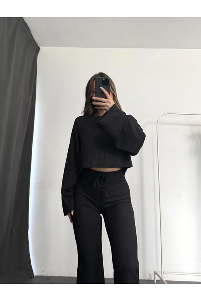 nona butik Set Vidya Salaş Gofre - Negru