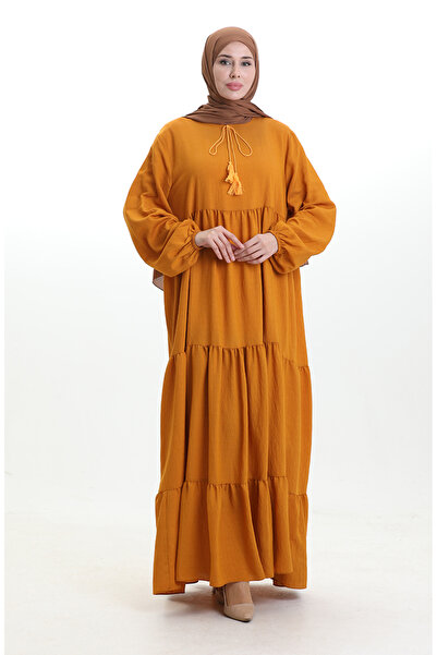 sefamerve Yaka Bağcıklı Kat Kat Elbise 4107-14 Hardal