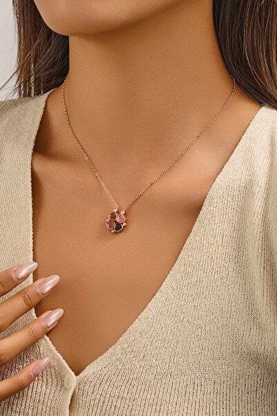 FAYRA ACCESSORIES Turmalin Doğal Taşlı Kalpli Yonca Figürlü Altın Kaplama Kolye