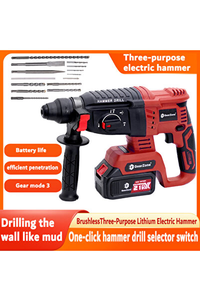 GearZone Cordless Electric Hammer Drill With Accessories Bit For Concrete & W...