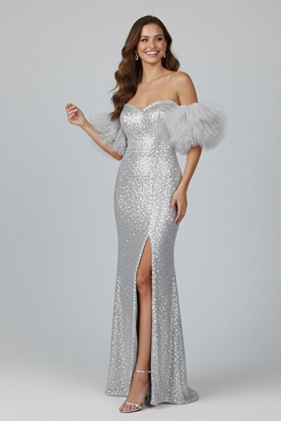 Manga Pul Payetli Tül Kollu Uzun Abiye Elbise M1720 Gri