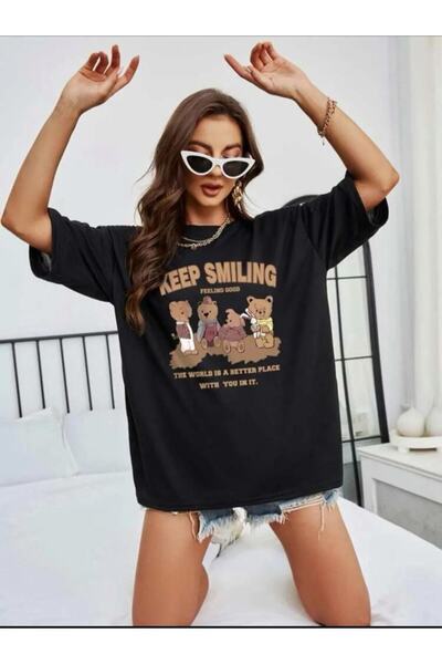 LAPS تي شيرت أسود مطبوع Keep Smiling للجنسين