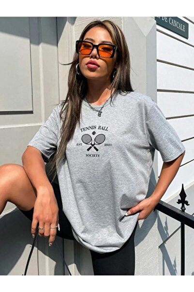 LAPS تي شيرت للجنسين مطبوع عليه كرة التنس مقاس كبير