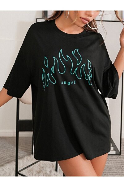 LAPS Women's Black Green Angel Printed Oversize T-shirt