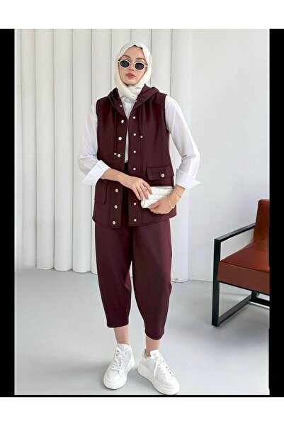moda paketi Buttoned Scuba Vest with Hood Detail