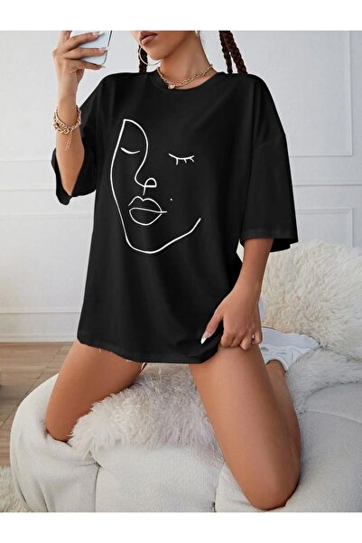 LAPS تي شيرت للجنسين كبير الحجم بطبعة وجه خطية