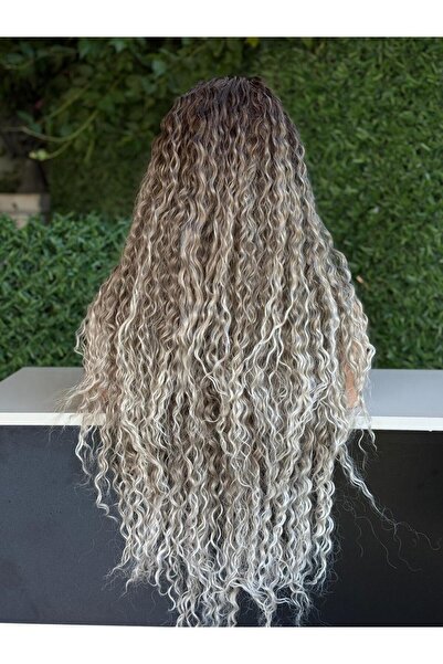 Fenomen Peruk Afro Kıvırcık Tül Peruk – Uzun Küllü Kahve Gri Ombre Doğal Görünümlü Peruk