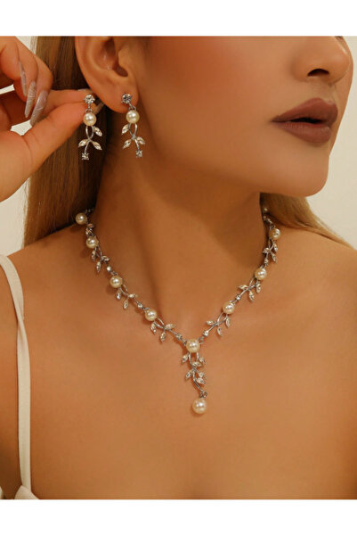 Inovius Set Bijuterii cu Frunze de Cristal - Colier si Cercei - 954848