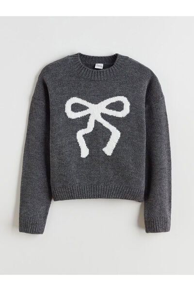 LC Waikiki Lcw Kids Anthracite Crew Neck Bow Patterned Girls' Sweater