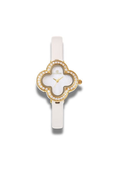 la vunton ساعة نسائية ذهبية فاخرة مرصّعة بالزركون – قرص لؤلؤي أنيق وسوار أبيض راقٍ