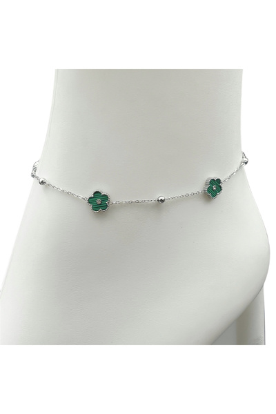 ElectraStore Silver Anklet With Green Flowers - C4055
