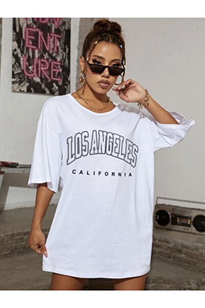 LAPS تي شيرت أبيض مطبوع عليه لوس أنجلوس للسيدات