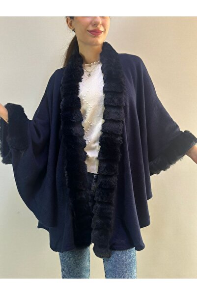 Gönülden Tasarım Triko Furry Dark Blue Soft Women's Poncho Shawl