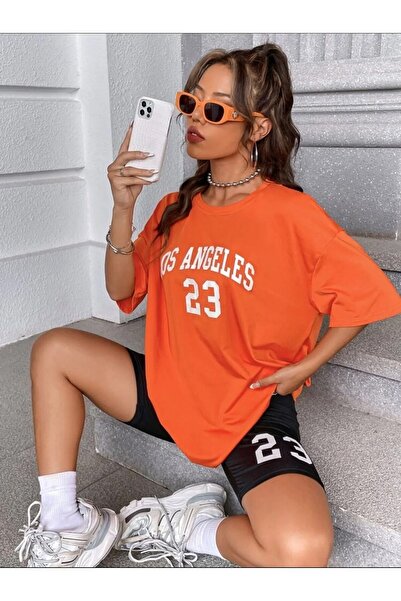LAPS تي شيرت برتقالي لوس أنجلوس 23 مطبوع كبير الحجم للجنسين