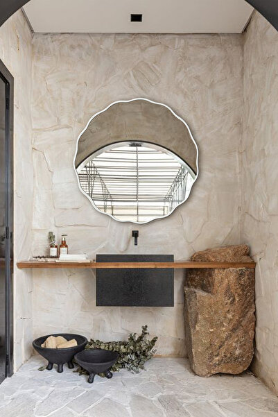Fawdecor Şık Asimetrik Papatya Ahşap Çerçeveli Banyo Lavabo Duvar Aynası