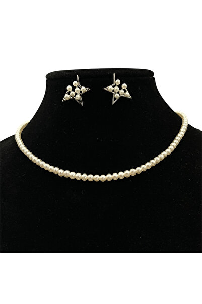 ElectraStore Silver Earrings and Imitation Pearl Necklace Set - C4292