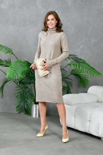 Noi Belis Basic Soft Textured Midi Length Turtleneck Knit Dress Aw25El0017
