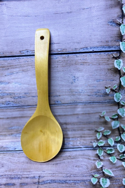 Panayır Home Bamboo Curve Large Spoon - Perforated, Ergonomic, Non-Scratch Wooden Spoon 1 Piece 26cm