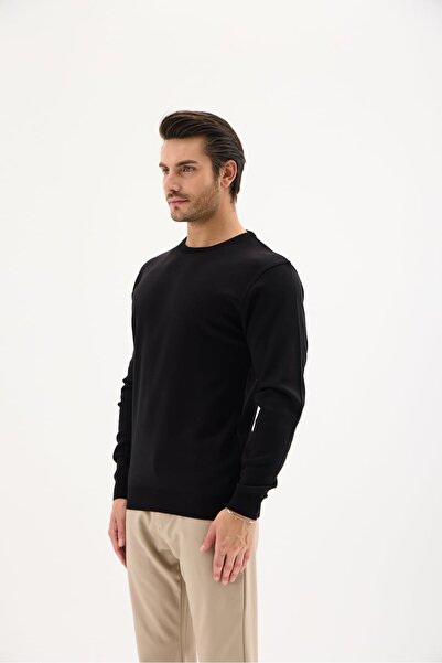 RAVANELLI Men's Crew Neck Wool Sweater Winter Stylish Warm and Soft Knitwear Black m