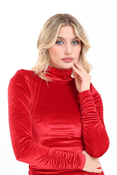 HEDEF DAİSY Women's Clothing Shoulder Shoulder Pad Sleeves and Skirt Ruched Detail Velvet Dress